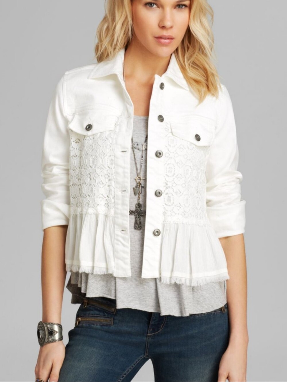 Free People 2 White Lace Peplum Jean Jacket Boho Shabby Chic Patchwork